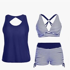 Women’s 3 pcs Tankini Bathing Suit Stripe Bikini Swimsuit NWT Size XL